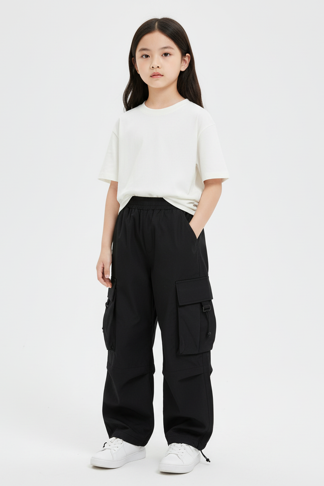 Pantalon Cargo Noir Ample Décontracté Multipoches Fille - Polyester