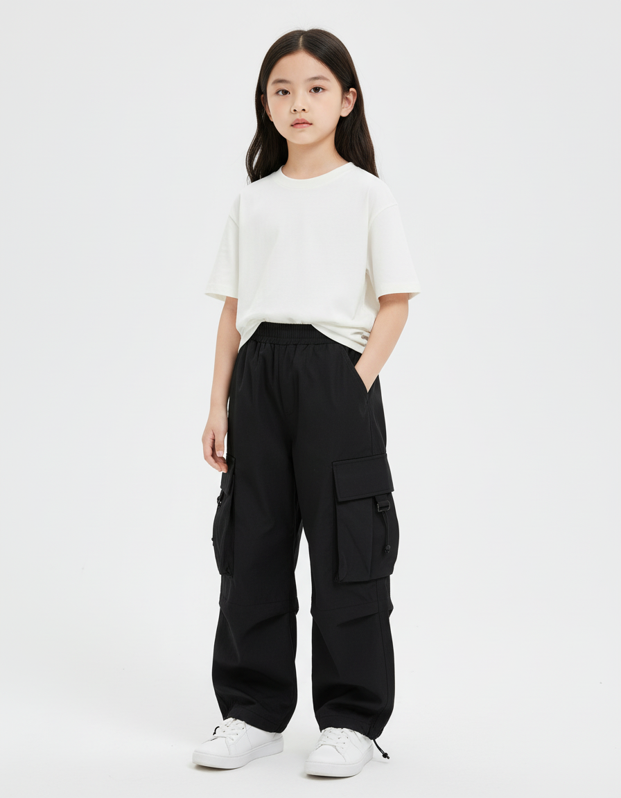 Pantalon Cargo Noir Ample Décontracté Multipoches Fille - Polyester