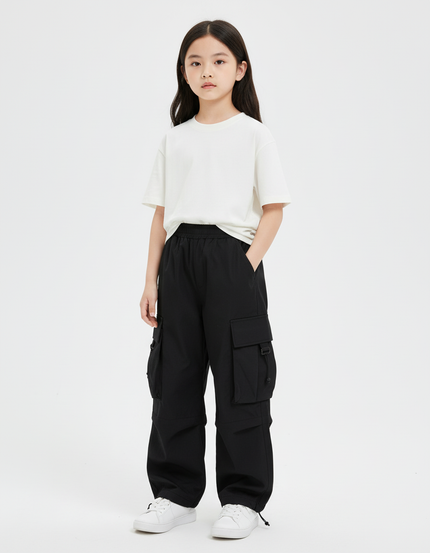 Pantalon Cargo Noir Ample Décontracté Multipoches Fille - Polyester