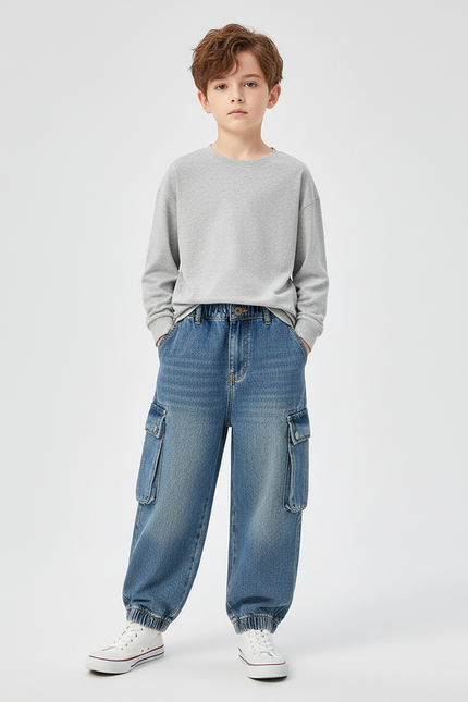 Pantalon Cargo Denim Ample Délavé Enfant Poches - Bleu Jean