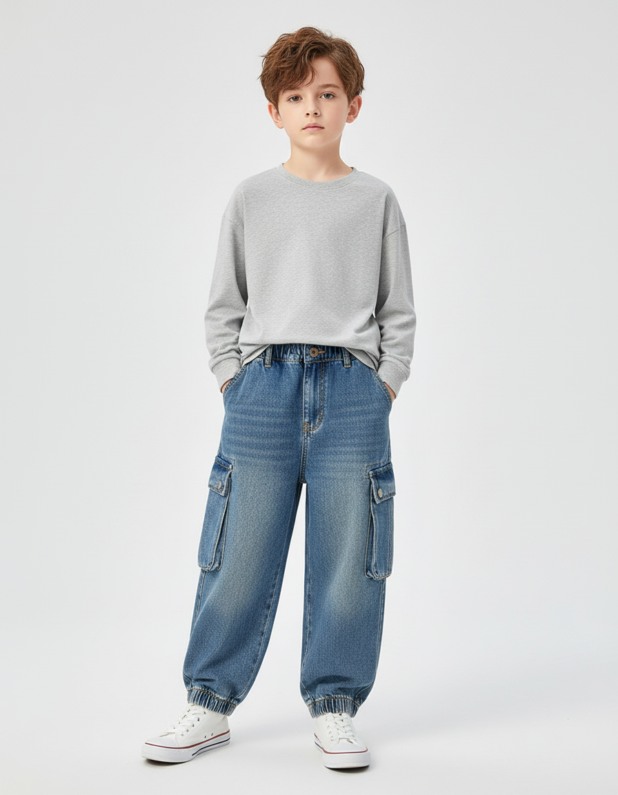 Pantalon Cargo Denim Ample Délavé Enfant Poches - Bleu Jean
