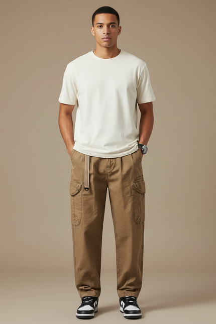 Pantalon Cargo Marron Ample Coton Multipoches Décontracté Homme