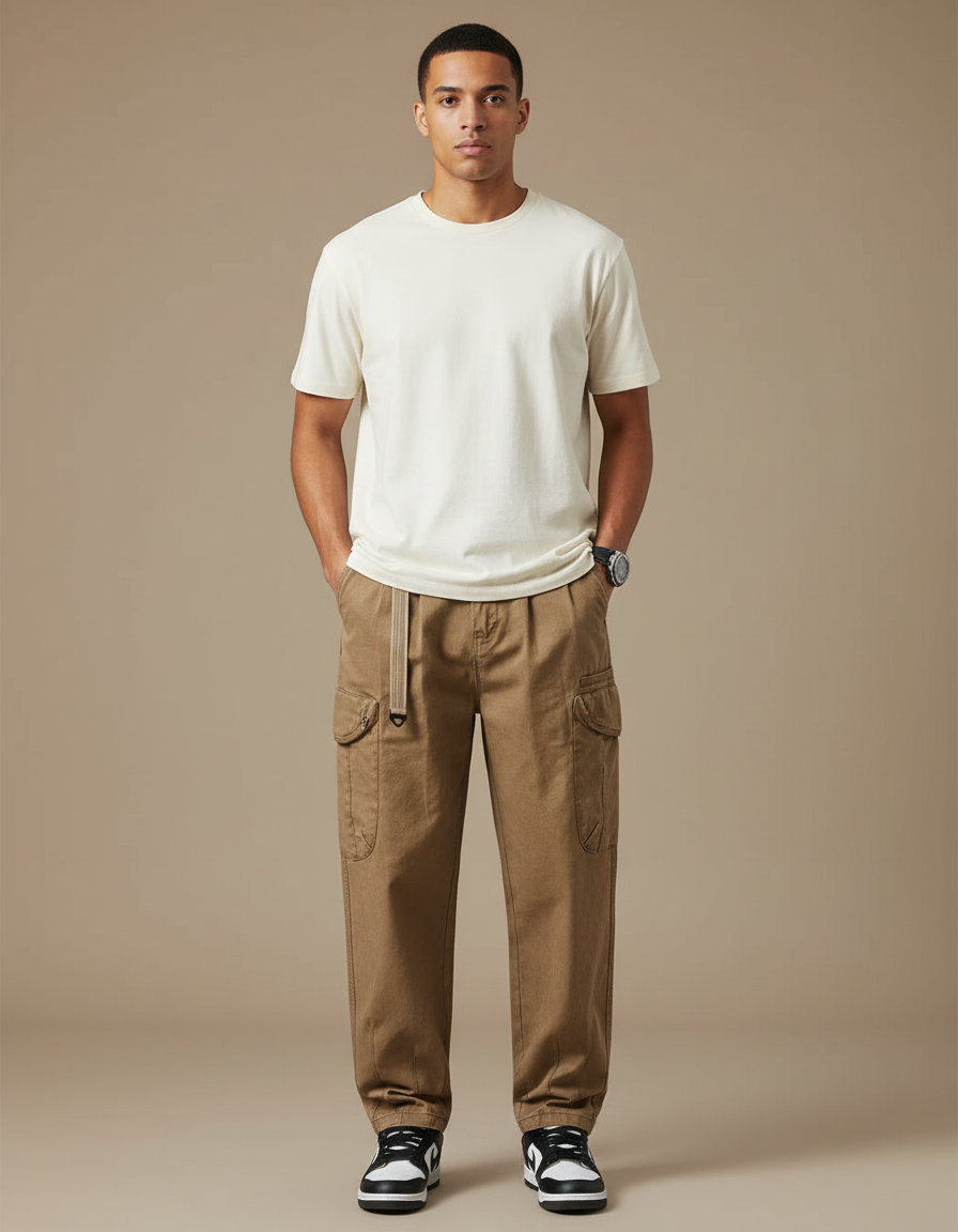 Pantalon Cargo Marron Ample Coton Multipoches Décontracté Homme