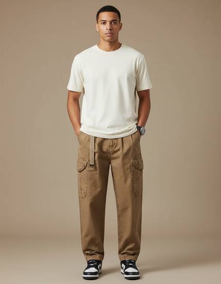 Pantalon Cargo Marron Ample Coton Multipoches Décontracté Homme