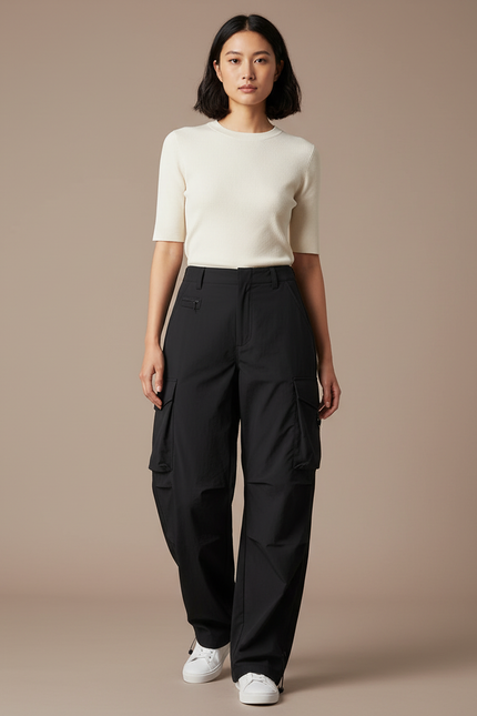 Pantalon Cargo Femme Noir Parachute Ripstop Streetwear Été - Polyester