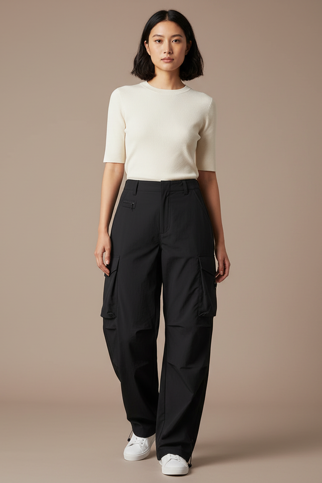 Pantalon Cargo Femme Noir Parachute Ripstop Streetwear Été - Polyester