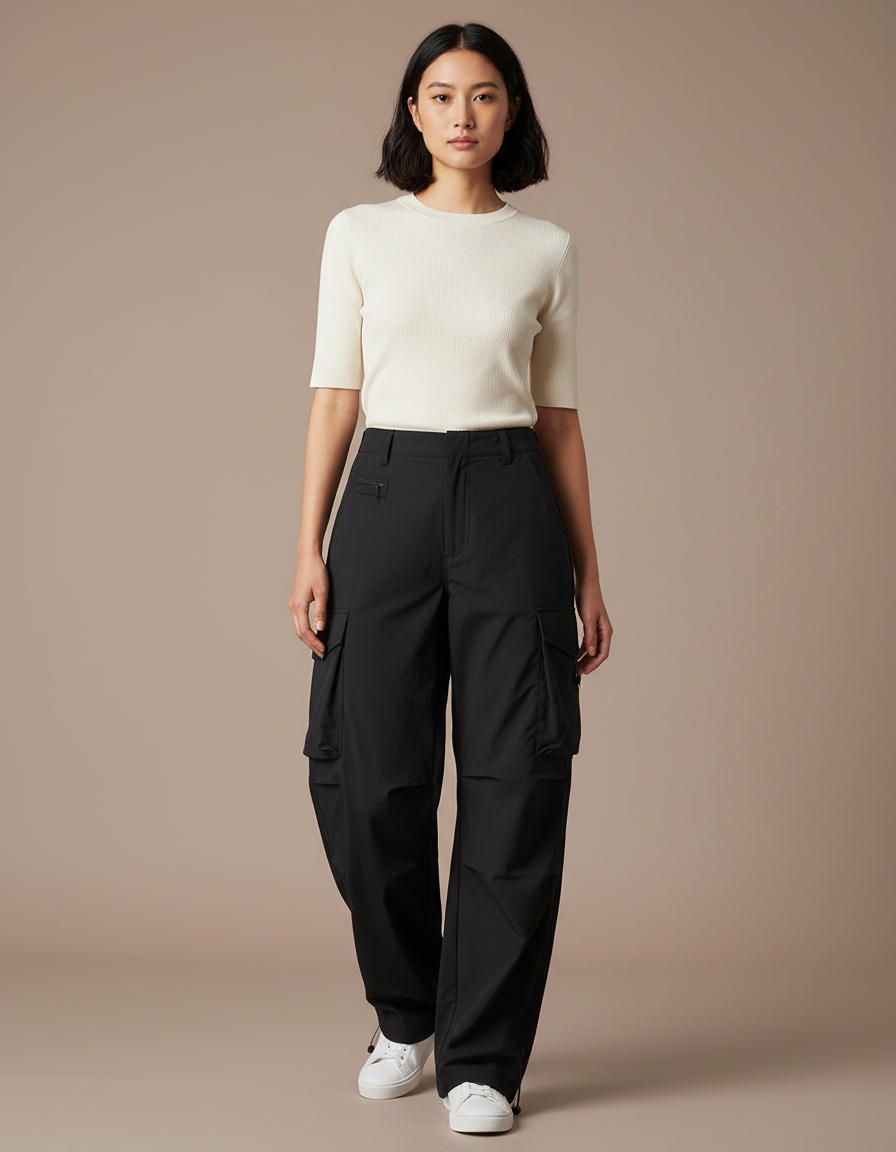 Pantalon Cargo Femme Noir Parachute Ripstop Streetwear Été - Polyester