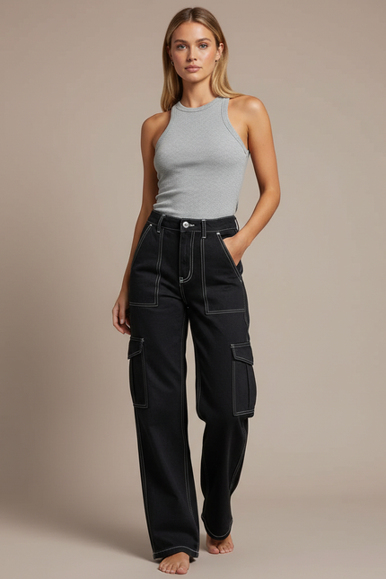 Pantalon Cargo Noir Ample Surpiqûres Blanches - Jean