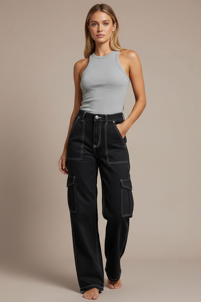 Pantalon Cargo Noir Ample Surpiqûres Blanches - Jean