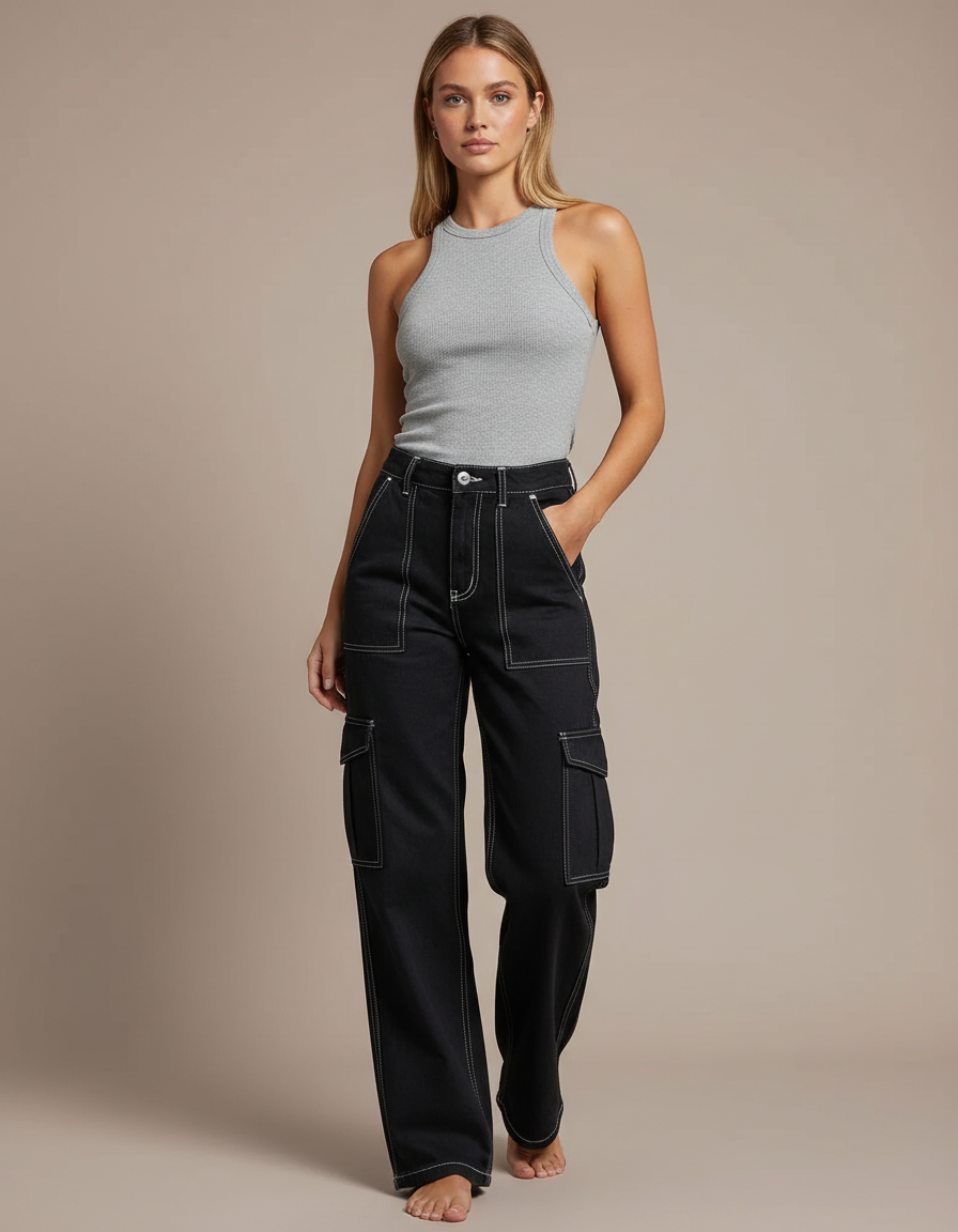 Pantalon Cargo Noir Ample Surpiqûres Blanches - Jean
