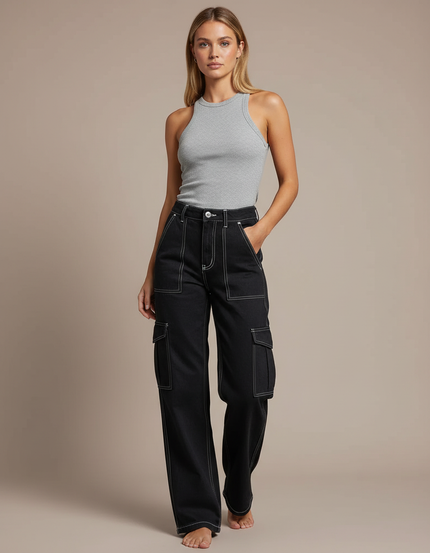 Pantalon Cargo Noir Ample Surpiqûres Blanches - Jean