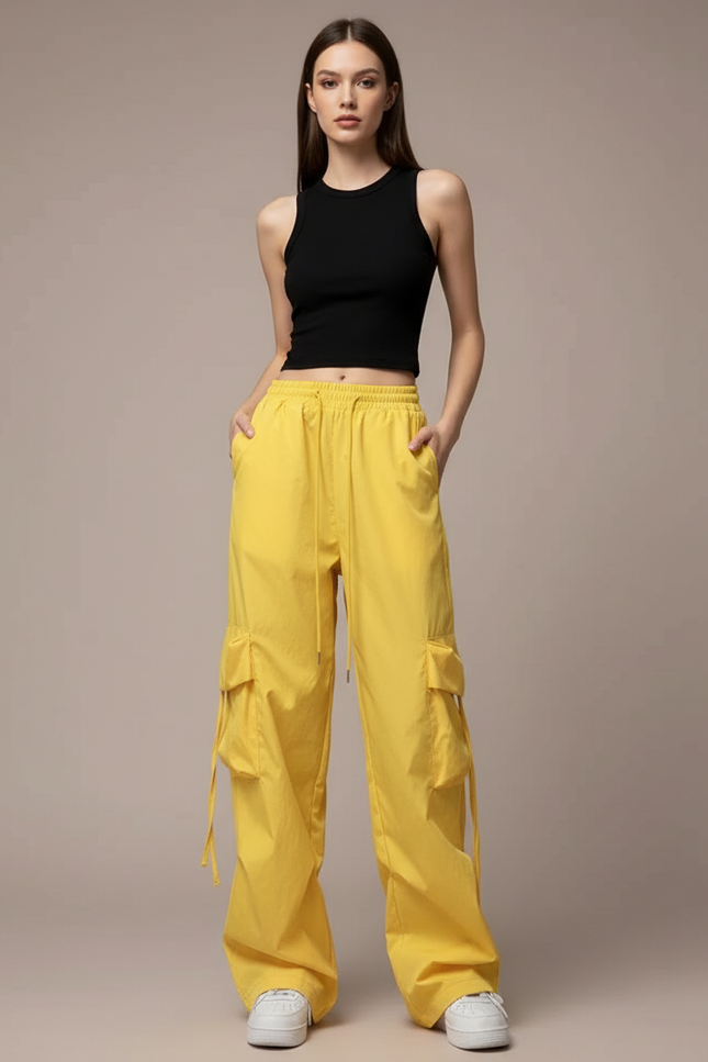 Pantalon Cargo Jaune Ample Multi-Poches Femme - Polyester