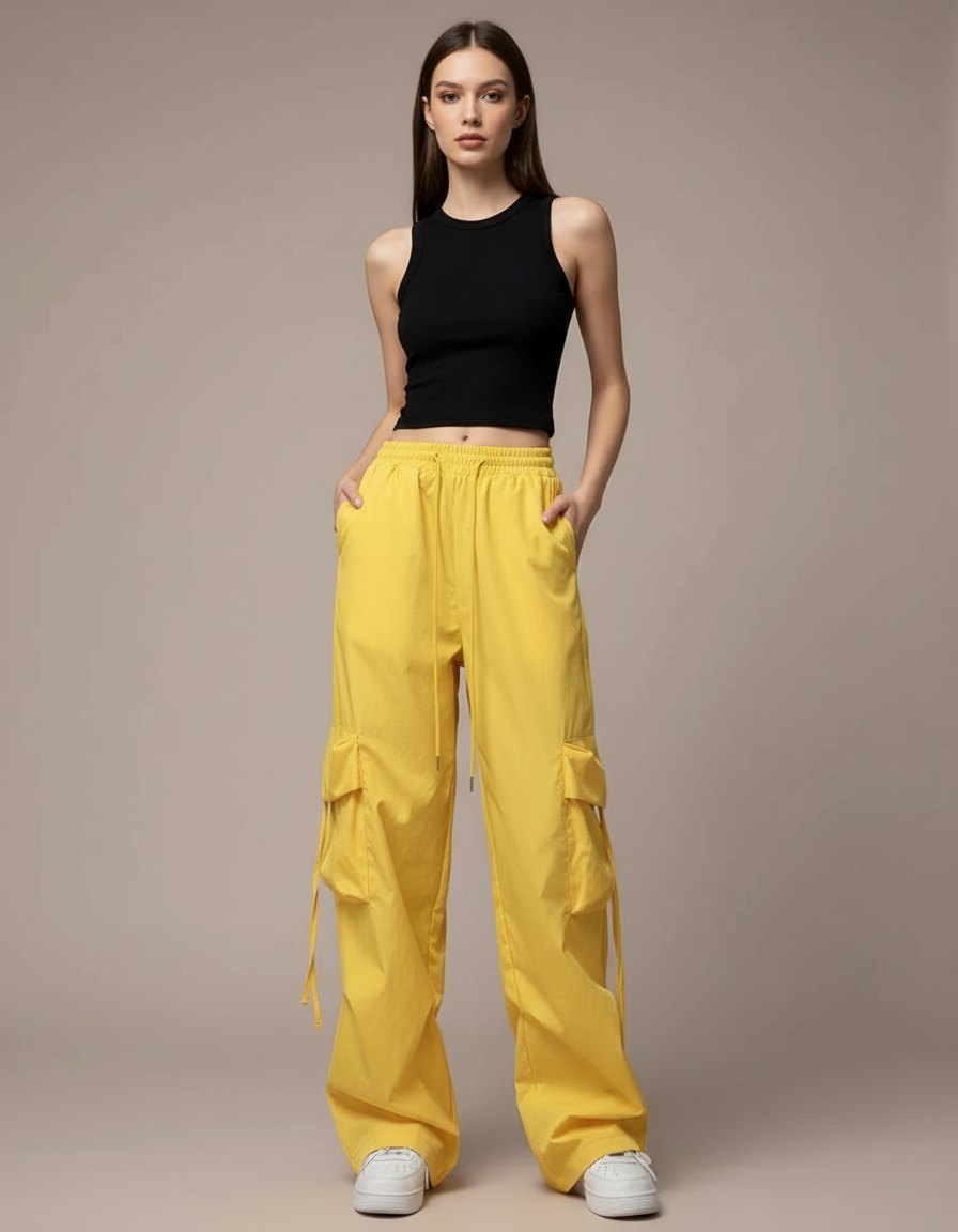 Pantalon Cargo Jaune Ample Multi-Poches Femme - Polyester