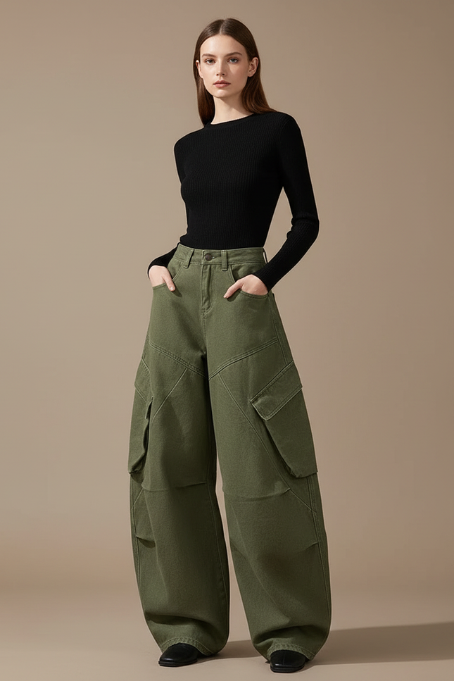 Pantalon Cargo Vert Ample Coton Multipoches Décontracté - Kaki