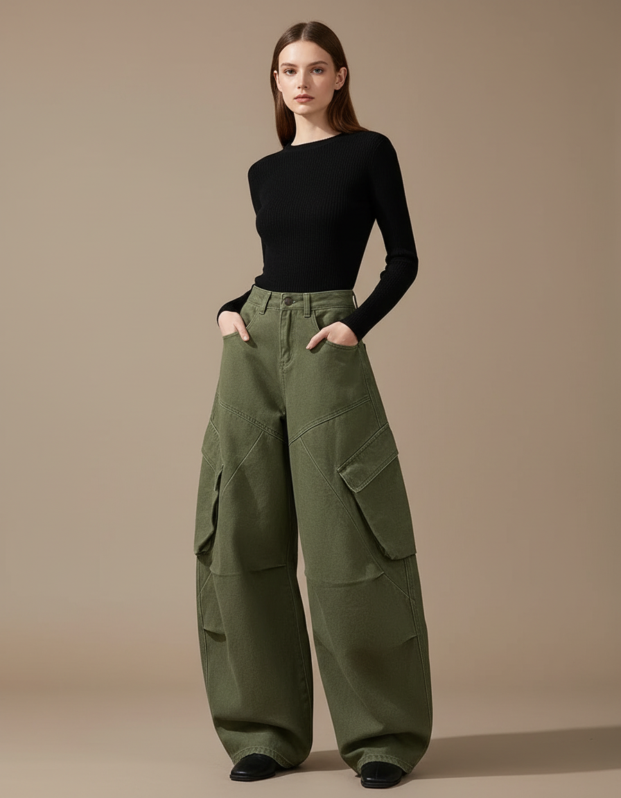 Pantalon Cargo Vert Ample Coton Multipoches Décontracté - Kaki