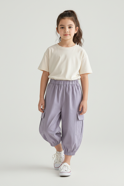 Pantalon Cargo Enfant Violet Ample Coton Décontracté