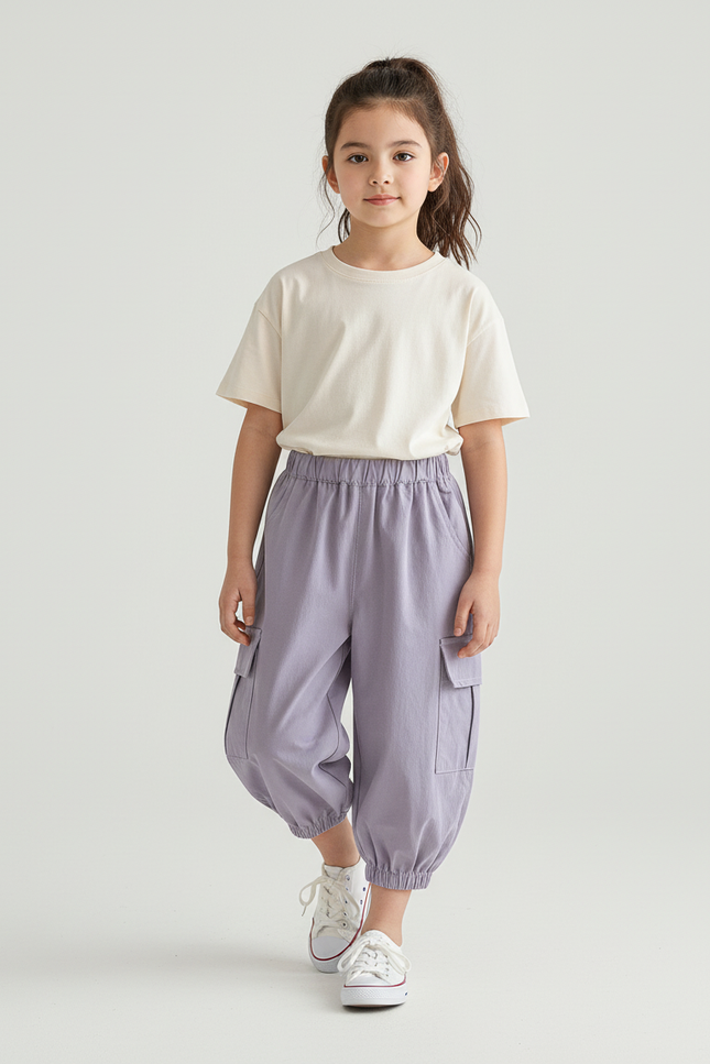 Pantalon Cargo Enfant Violet Ample Coton Décontracté