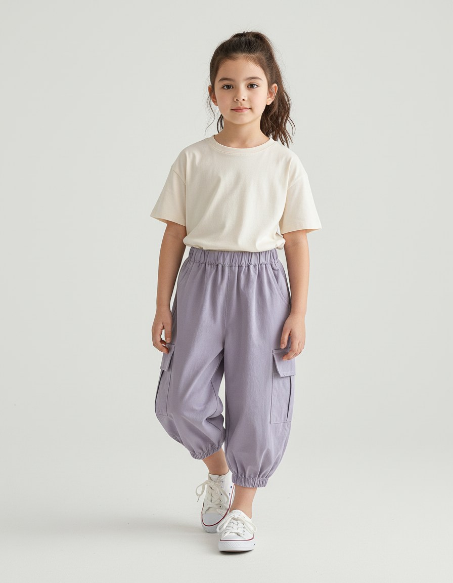 Pantalon Cargo Enfant Violet Ample Coton Décontracté