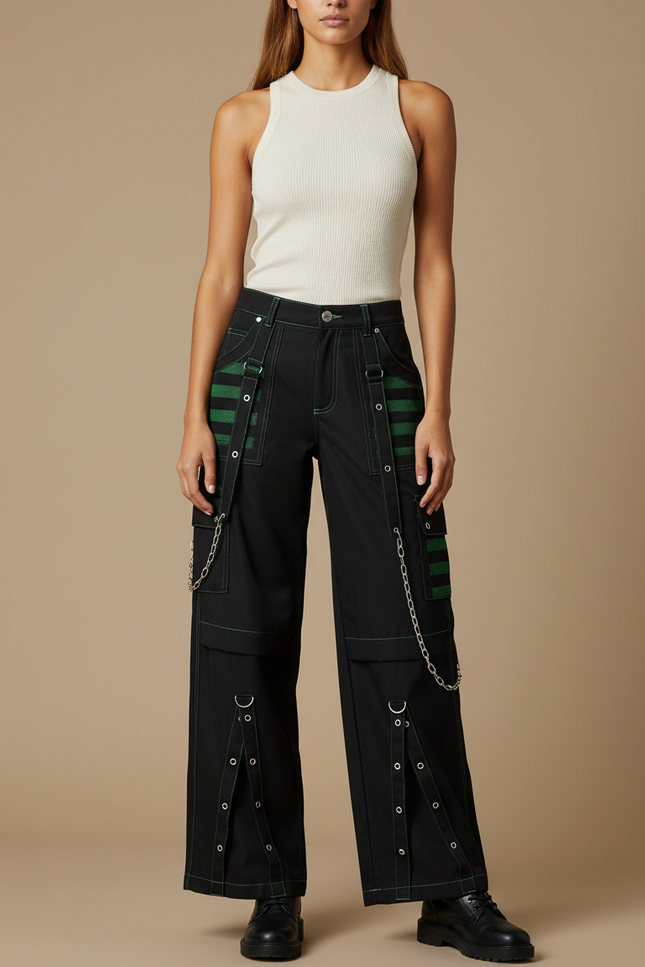 Pantalon Cargo Noir Rayures Vertes Chaînes Gothique Femme - Toile