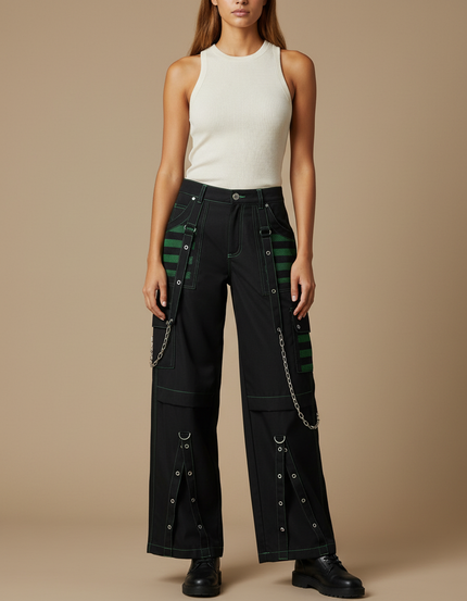 Pantalon Cargo Noir Rayures Vertes Chaînes Gothique Femme - Toile
