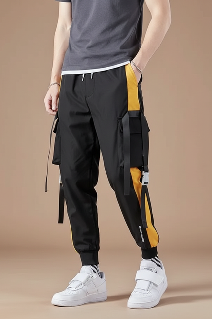 Pantalon Cargo Noir Jaune Coton Multipoches Streetwear Homme - Polyester