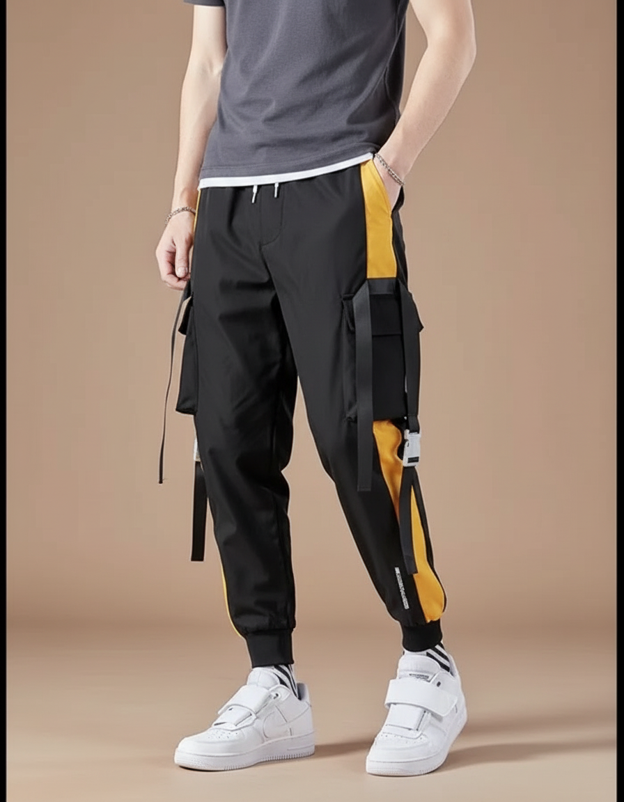 Pantalon Cargo Noir Jaune Coton Multipoches Streetwear Homme - Polyester