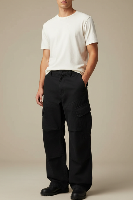 Pantalon Cargo Noir Ample Homme Multipoches - Toile