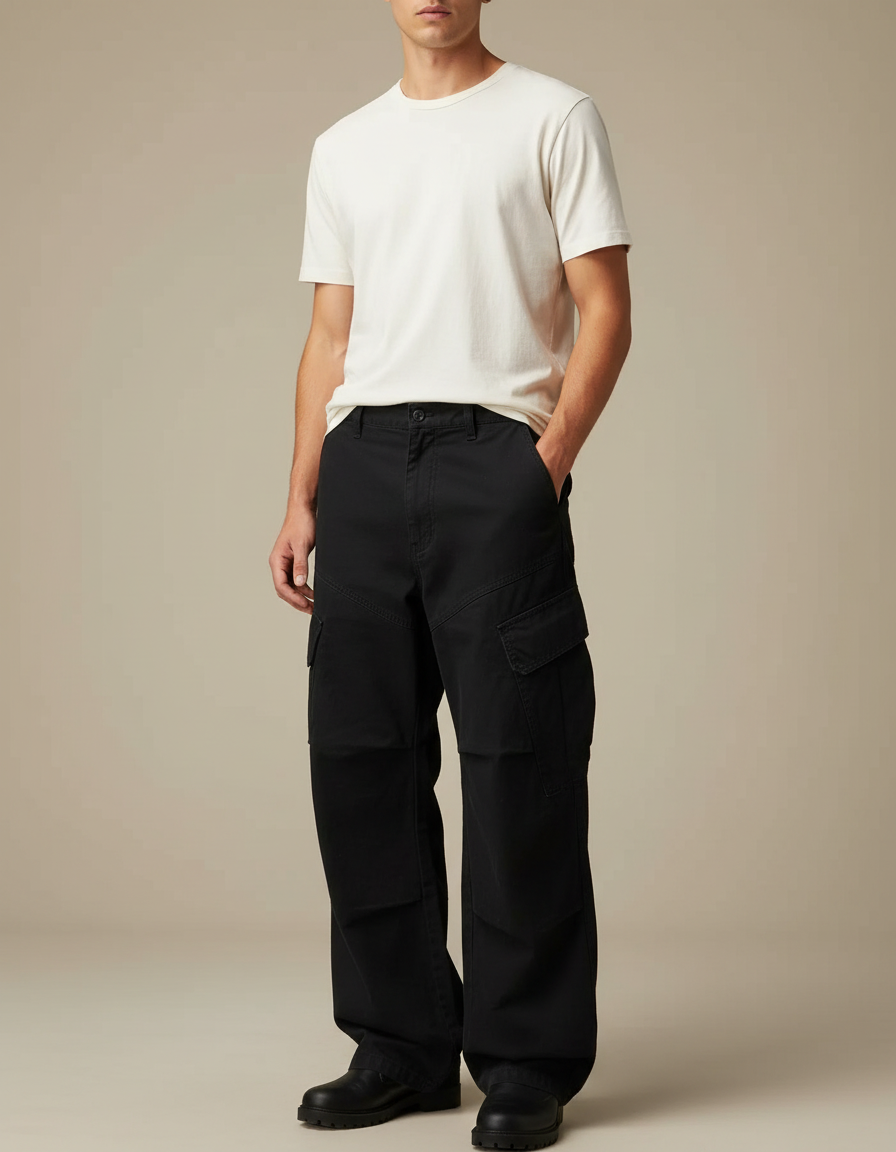 Pantalon Cargo Noir Ample Homme Multipoches - Toile
