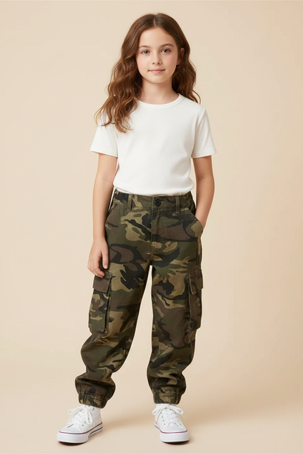 Pantalon Cargo Camouflage Ample Enfant Poches Coton - Kaki