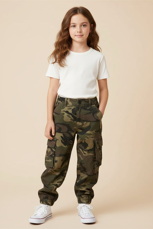 Pantalon Cargo Camouflage Ample Enfant Poches Coton - Kaki