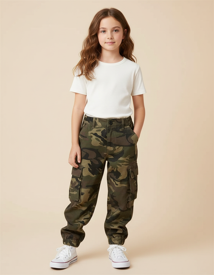 Pantalon Cargo Camouflage Ample Enfant Poches Coton - Kaki