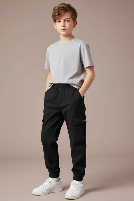 Pantalon Cargo Noir Décontracté Coton Multipoches Garçon - Polyester