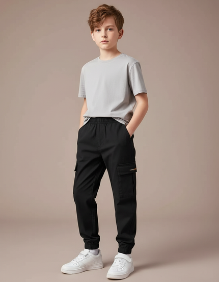 Pantalon Cargo Noir Décontracté Coton Multipoches Garçon - Polyester