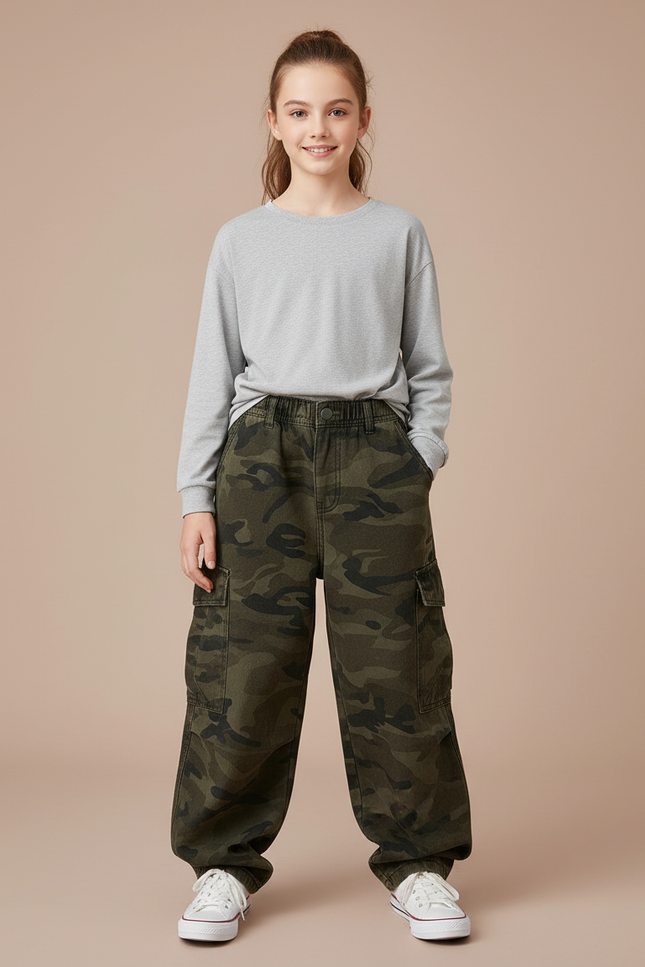 Pantalon Cargo Ample Camouflage Vert Enfant - Toile