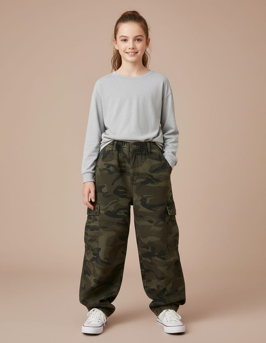 Pantalon Cargo Ample Camouflage Vert Enfant - Toile