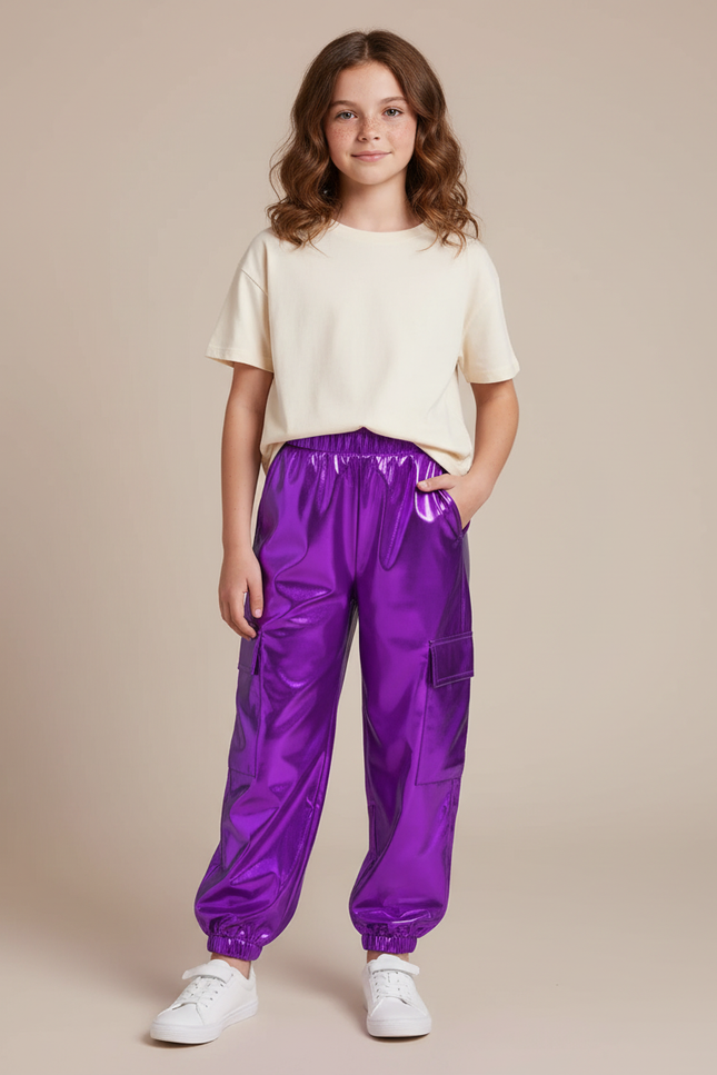 Pantalon Cargo Métallisé Violet Brillant Fille - Polyester