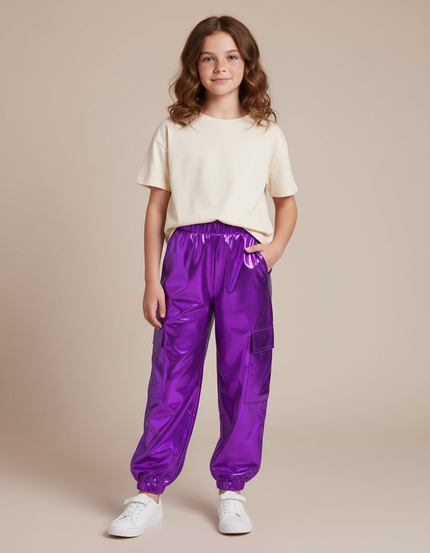 Pantalon Cargo Métallisé Violet Brillant Fille - Polyester