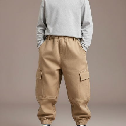 Pantalon Cargo Kaki Ample Coton Élastique Garçon