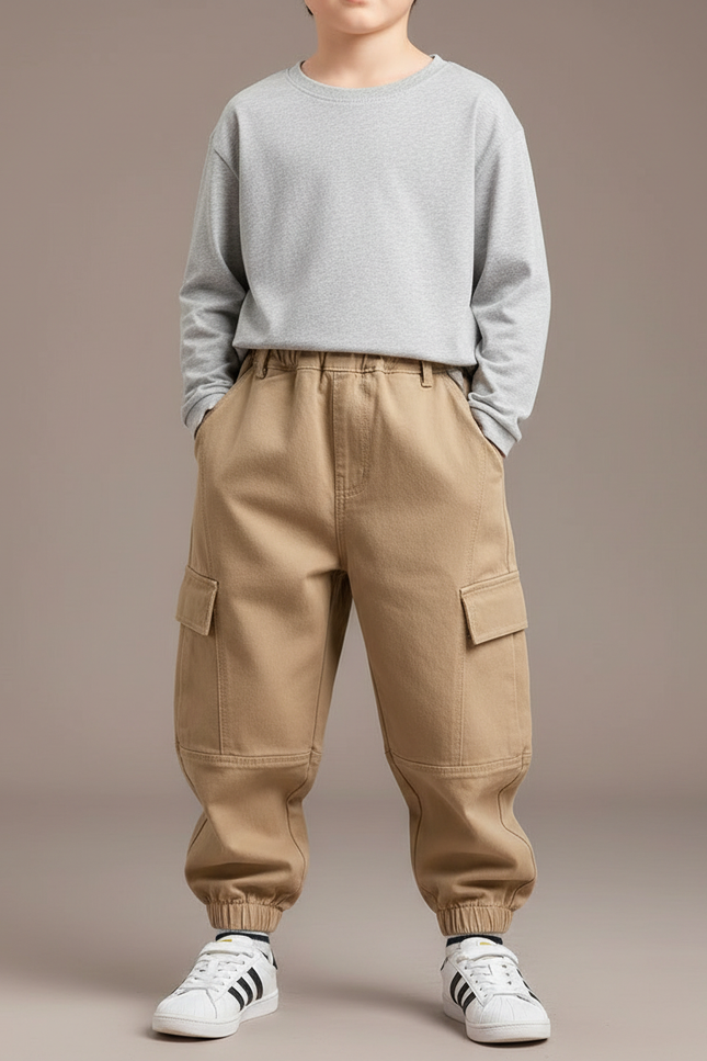 Pantalon Cargo Kaki Ample Coton Élastique Garçon