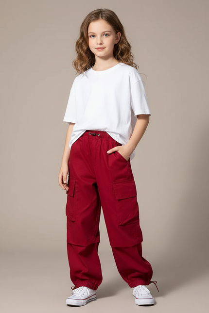 Pantalon Cargo Rouge Ample Multipoches Décontracté Fille - Toile