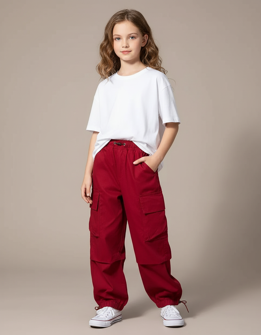 Pantalon Cargo Rouge Ample Multipoches Décontracté Fille - Toile