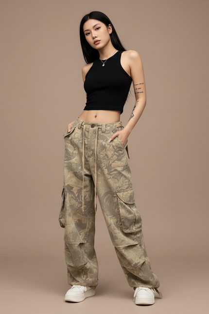 Pantalon Cargo Camouflage Vintage Ample Femme - Kaki Toile