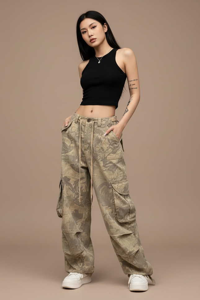 Pantalon Cargo Camouflage Vintage Ample Femme - Kaki Toile