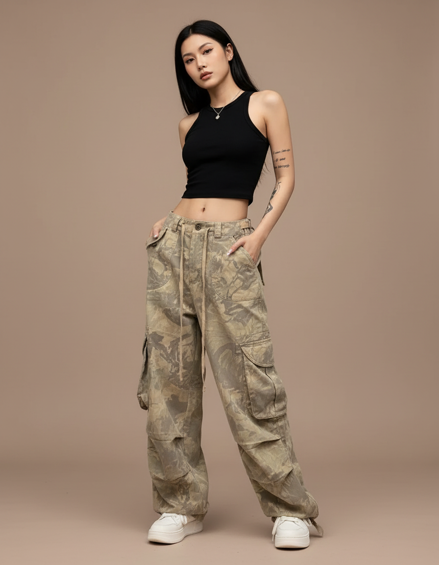 Pantalon Cargo Camouflage Vintage Ample Femme - Kaki Toile