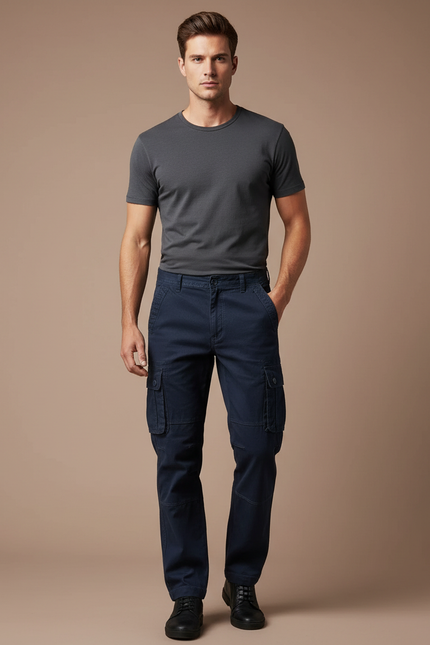 Pantalon Cargo Bleu Marine Multipoches Droit Coton Homme - Toile