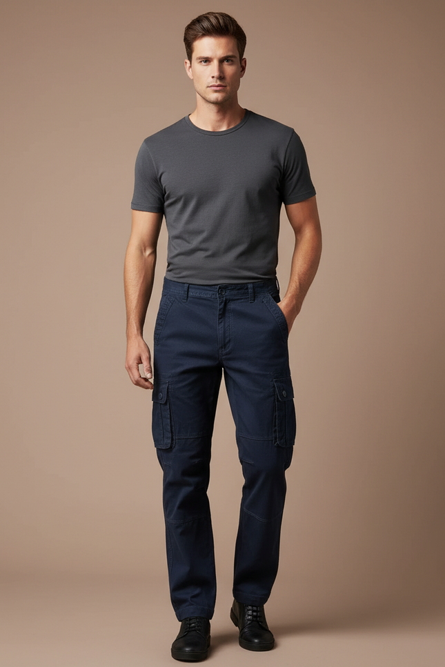 Pantalon Cargo Bleu Marine Multipoches Droit Coton Homme - Toile