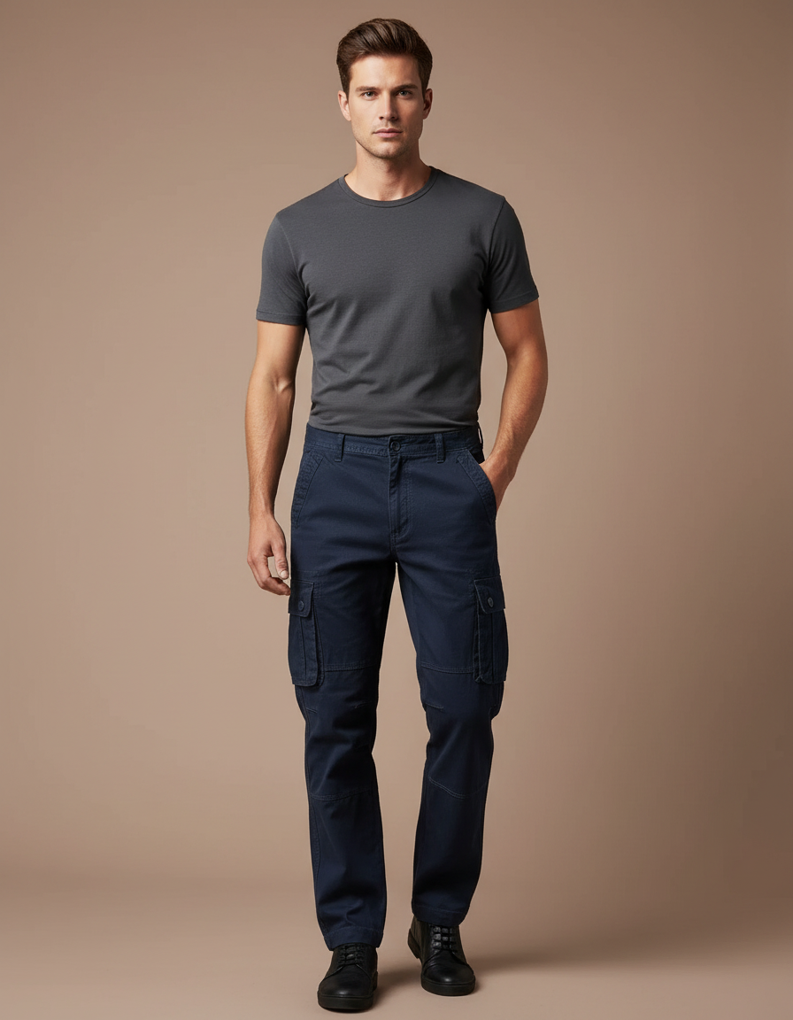 Pantalon Cargo Bleu Marine Multipoches Droit Coton Homme - Toile