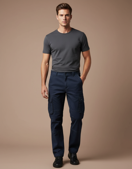 Pantalon Cargo Bleu Marine Multipoches Droit Coton Homme - Toile