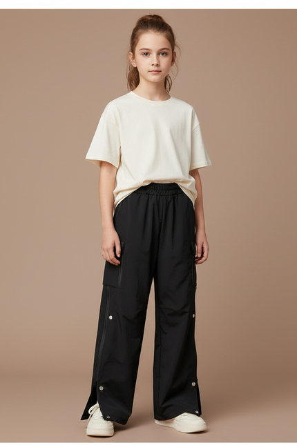 Pantalon Cargo Noir Ample Zippé Fille Sportif - Polyester