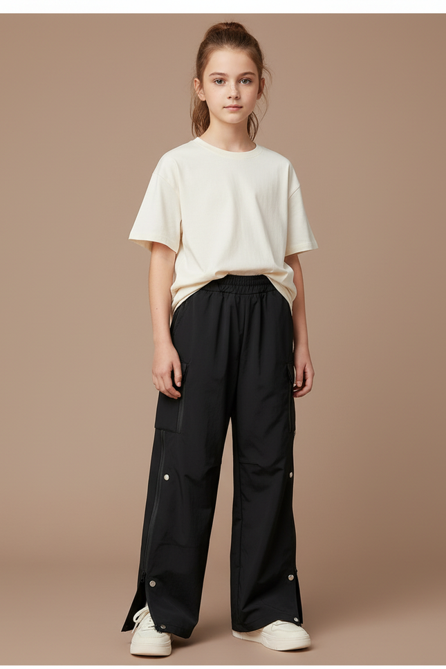 Pantalon Cargo Noir Ample Zippé Fille Sportif - Polyester